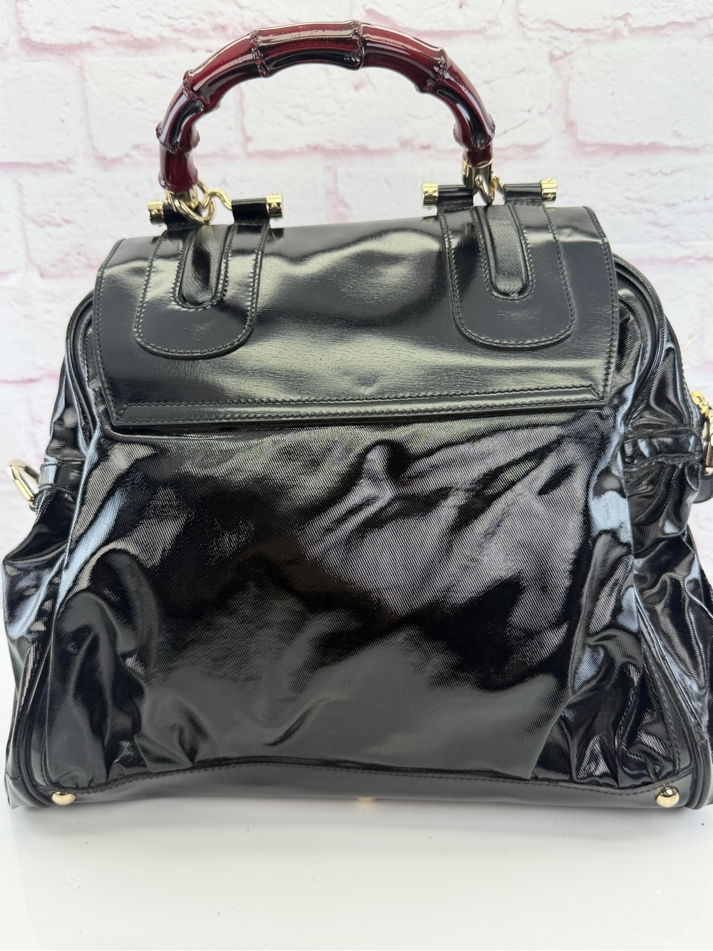 Gucci Black Dialux Red 'Pop' Bamboo Handle Bag - Picture 3 of 12